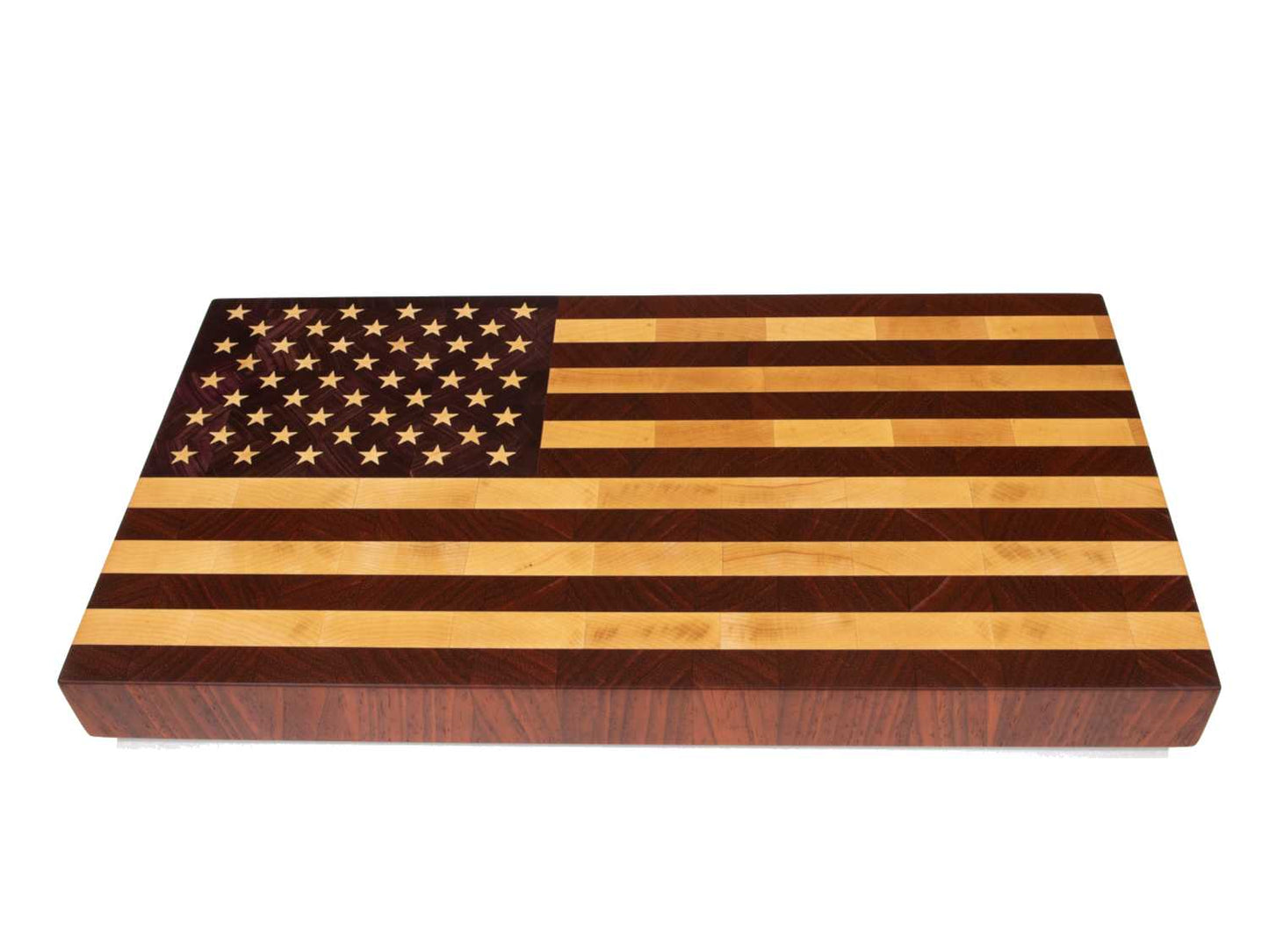 Tabla de cocina personalizada combinando madera de padauk, arce y purple heart