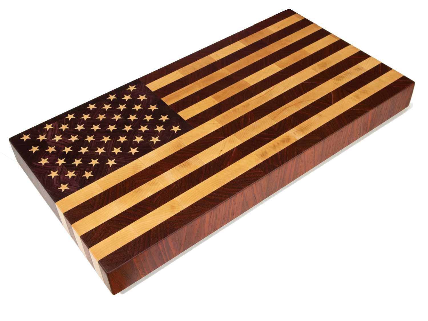 Tabla de cocina personalizada combinando madera de padauk, arce y purple heart
