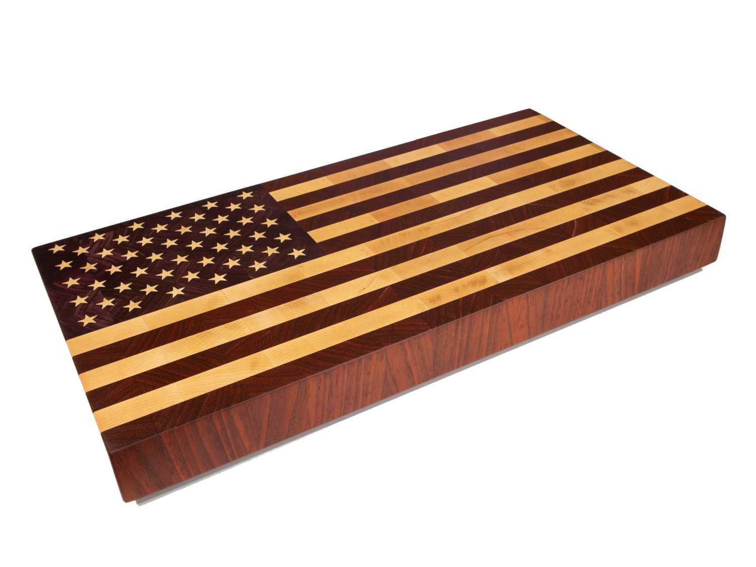 Tabla de cocina personalizada combinando madera de padauk, arce y purple heart