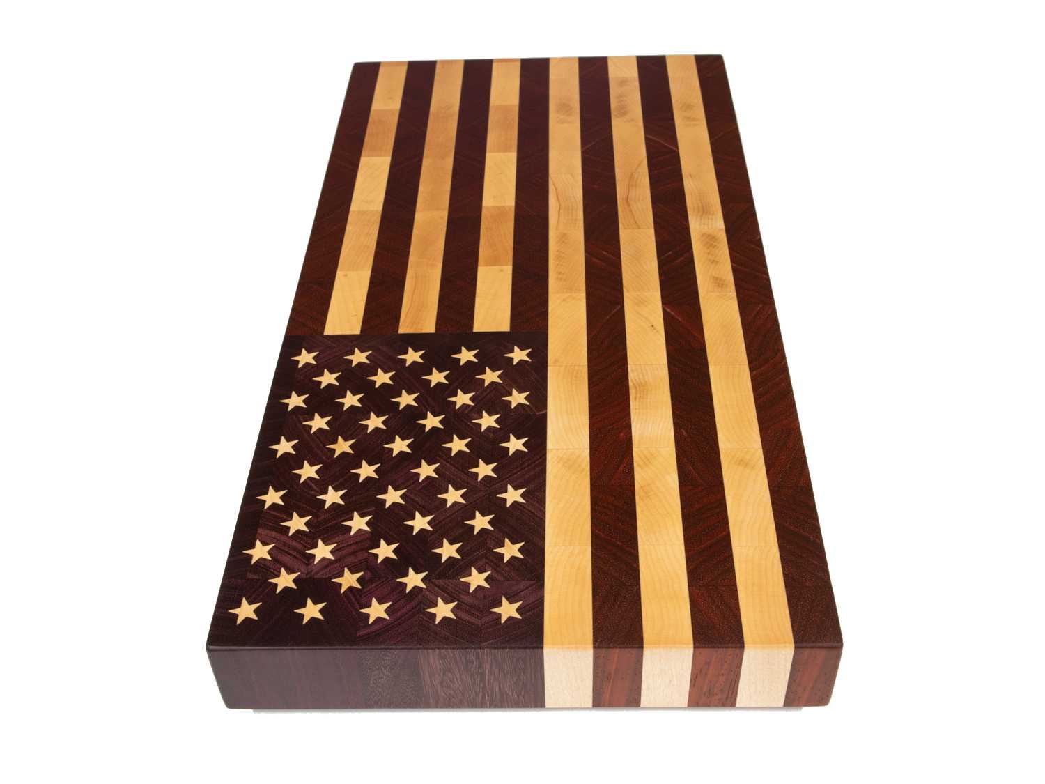 Tabla de cocina personalizada combinando madera de padauk, arce y purple heart